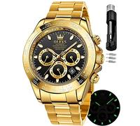 OLEVS Relojes de oro para hombre, automático, de lujo, impermeable, calendario, acero inoxidable, luminoso, para hombre, Esfera dorada y negra, Lujoso