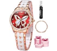 OLEVS Relojes de pulsera para mujer, color oro rosa, dos tonos, de cerámica blanca, esfera rosa/roja, acero inoxidable, impermeable, fecha, Correa de dos tonos con esfera roja, Moderno