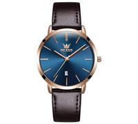 OLEVS Relojes de pulsera para mujer, ultrafinos de 6,5 mm, minimalistas, impermeables, fecha y correa de cuero, relojes delgados para mujer, Cuero marrón y esfera azul