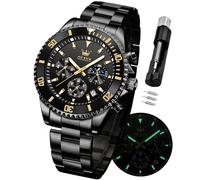 OLEVS Relojes para hombre, de acero inoxidable, analógico, de cuarzo, cronógrafo, fase lunar, impermeable, fecha, luminoso, reloj masculino, regalo para hombre, Todo negro, Moda clásica