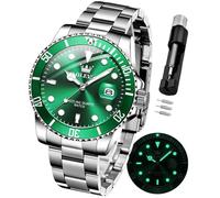 OLEVS Relojes para hombre, de acero inoxidable, analógico, de cuarzo, cronógrafo, fase lunar, impermeable, fecha, luminoso, reloj masculino, regalo para hombre, 5885: plateado y verde, Simplicidad