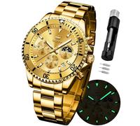 OLEVS Relojes para hombre, de acero inoxidable, analógico, de cuarzo, cronógrafo, fase lunar, impermeable, fecha, luminoso, reloj masculino, regalo para hombre, dorado (All Gold), Moda clásica