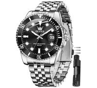 OLEVS - Relojes para hombre de acero inoxidable con fecha de lujo de diamantes de cara grande impermeable azul/negro/verde/dorado/esfera roja para hombres, Silver Band Black Face-9809, Redondo, Reloj