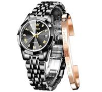 OLEVS Relojes para mujer con números romanos de diamantes de fácil lectura, de acero inoxidable, de dos tonos, resistente al agua, para mujer, L9931: todos los relojes negros para mujer, pulsera