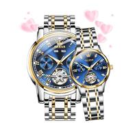 OLEVS Relojes para parejas para hombres y mujeres, automático, para él y ella, tono de remolque, acero inoxidable, impermeable, luminoso, reloj de pulsera con fecha, Dos tonos y azul dorado, San