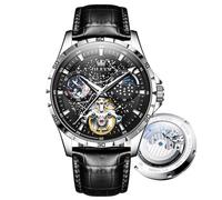 OLEVS Tourbillon - Reloj de pulsera automático para hombre con diseño de esqueleto estrellado, mecanismo de cuerda automática, resistente al agua, correa de acero inoxidable, 6689-black Dial Belt,