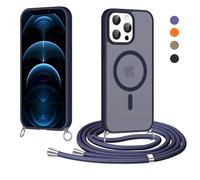 Olgary Funda Magnética con Cuerda para iPhone 12 Pro MAX, Compatible con MagSafe, Carcasa Antigolpes Case Translúcida Mate Anti-Arañazos, Protectora Case con Ajustable Cordon Colgante Cadena, Azul