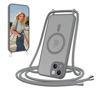 Olgary Funda Magnética con Cuerda para iPhone 13,Carcasa Antigolpes Case Translúcida Mate,Cover con Correa Colgante Ajustable Collar Colgar de Cuello Cadena Cordón,Gris