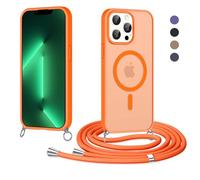 Olgary Funda Magnética con Cuerda para iPhone 13 Pro, Compatible con MagSafe, Carcasa Antigolpes Case Translúcida Mate Anti-Arañazos, Protectora Case con Ajustable Cordon Colgante Cadena, Naranja
