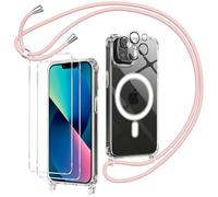 Olgary Funda Magnética para iPhone 13 con Cuerda, 2 Protector Pantalla y 2 Protector Kamera, Carcasa Transparente Suave Silicona Correa Colgante Ajustable Collar Anti-Choques Protección Case, Rosa