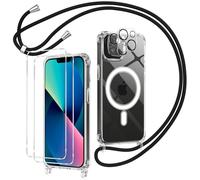 Olgary Funda Magnética para iPhone 13 con Cuerda, 2 Protector Pantalla y 2 Protector Kamera, Carcasa Transparente Suave Silicona Correa Colgante Ajustable Collar Anti-Choques Protección Case, Negro
