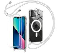 Olgary Funda Magnética para iPhone 13 con Cuerda, 2 Protector Pantalla y 2 Protector Kamera, Carcasa Transparente Suave Silicona Correa Colgante Ajustable Collar Anti-Choques Protección Case, Gris