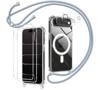 Olgary Funda Magnética para iPhone 17 Air con Cuerda, 2 Protector Pantalla y 2 Protector Kamera, Carcasa Transparente Suave Silicona Correa Colgante Ajustable Collar Anti-Choques Protección Case, Azul