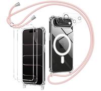 Olgary Funda Magnética para iPhone 17 Air con Cuerda, 2 Protector Pantalla y 2 Protector Kamera, Carcasa Transparente Suave Silicona Correa Colgante Ajustable Collar Anti-Choques Protección Case, Rosa