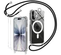 Olgary Funda Magnética para iPhone 17 con Cuerda, 2 Protector Pantalla y 2 Protector Kamera, Carcasa Transparente Suave Silicona Correa Colgante Ajustable Collar Anti-Choques Protección Case, Negro