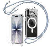 Olgary Funda Magnética para iPhone 17 con Cuerda, 2 Protector Pantalla y 2 Protector Kamera, Carcasa Transparente Suave Silicona Correa Colgante Ajustable Collar Anti-Choques Protección Case, Azul