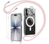 Olgary Funda Magnética para iPhone 17 con Cuerda, 2 Protector Pantalla y 2 Protector Kamera, Carcasa Transparente Suave Silicona Correa Colgante Ajustable Collar Anti-Choques Protección Case, Rosa