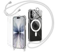 Olgary Funda Magnética para iPhone 17 con Cuerda, 2 Protector Pantalla y 2 Protector Kamera, Carcasa Transparente Suave Silicona Correa Colgante Ajustable Collar Anti-Choques Protección Case, Gris