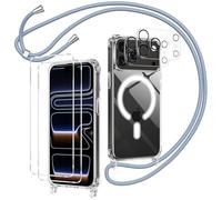 Olgary Funda Magnética para iPhone 17 Pro con Cuerda, 2 Protector Pantalla y 2 Protector Kamera, Carcasa Transparente Suave Silicona Correa Colgante Ajustable Collar Anti-Choques Protección Case, Azul