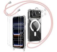 Olgary Funda Magnética para iPhone 17 Pro con Cuerda, 2 Protector Pantalla y 2 Protector Kamera, Carcasa Transparente Suave Silicona Correa Colgante Ajustable Collar Anti-Choques Protección Case, Rosa