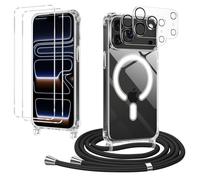 Olgary Funda Magnética para iPhone 17 Pro MAX con Cuerda, 2 Protector Pantalla y 2 Protector Kamera, Carcasa Transparente Silicona Correa Colgante Ajustable Collar Anti-Choques Protección Case, Negro