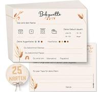 OLGS Juego de adivinanzas para baby shower, 25 cartas para rellenar DIN A6, tarjetas de apuesta para bebés para baby shower | Génder Reveal Party Quiz para niños y niñas | embarazo regalo Baby Party Juegos - Boho