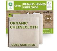 Olicity Cheese Cloth Organic, Certificado GOTS, Lote de 2, 50 x 50 cm, Tela Queso Algodón Orgánico Reutilizable Grado 100 con Dobladillo para Colar, Cocina, Pudín, Mermelada