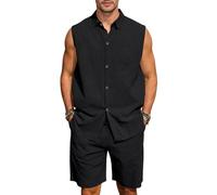OLIPHEE Chándal Hombre 2 piezas Conjunto Lino Hombre Camisa Lino Cuello Henley con Botones y Pantalones Cortos Verano Conjunto Hombres Casual Playa Vacacione Verano Deportivo