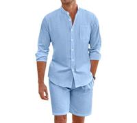 OLIPHEE Chándal Hombre Conjunto Lino Hombre 2 piezas Camisa Lino con Botones y Pantalones Cortos Verano Conjunto de Chándal Hombres Casual Deportivo Playa Vacacione Verano