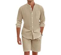 OLIPHEE Chándal Hombre Conjunto Lino Hombre 2 piezas Camisa Lino con Botones y Pantalones Cortos Verano Conjunto de Chándal Hombres Casual Deportivo Playa Vacacione Verano