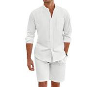 OLIPHEE Chándal Hombre Conjunto Lino Hombre 2 piezas Camisa Lino con Botones y Pantalones Cortos Verano Conjunto de Chándal Hombres Casual Deportivo Playa Vacacione Verano Blanco XL