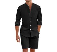 OLIPHEE Chándal Hombre Conjunto Lino Hombre 2 piezas Camisa Lino con Botones y Pantalones Cortos Verano Conjunto de Chándal Hombres Casual Deportivo Playa Vacacione Verano