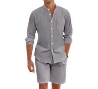 OLIPHEE Chándal Hombre Conjunto Lino Hombre 2 piezas Camisa Lino con Botones y Pantalones Cortos Verano Conjunto de Chándal Hombres Casual Deportivo Playa Vacacione Verano