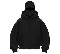 OLIPHEE Hombre Sudadera con Capucha y Cremallera Sudadera Hombre Invierno Chaqueta Cálida Balaclava Máscara Pasamontañas Moto Ciclismo Anti Viento para Deportes al Aire Libre A-Negro M