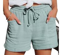OLIPHEE Pantalones Cortos Mujer Shorts Mujer Short de Lino Mujer Short Color Sólido Cintura Alta con Cordones y Bolsillos Short Casual Chic Short Deportivo Mujer Short Verano Mujer Verde Claro L