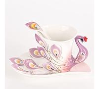 oliruim Taza de café y platillo de pavo real única con cuchara, hecha a mano, exquisita taza de cerámica de pavo real para bebidas frías y calientes, para mujeres, día de la madre, regalo de