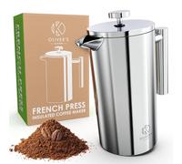 Oliver's Kitchen ® Cafetera de prensa francesa de de primera calidad, con aislamiento térmico, doble pared, color negro, 1 litro… (1 Litre, Stainless Steel)