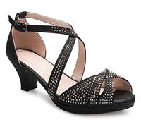 Olivia K Bonitas sandalias de tacón abierto con tiras y purpurina para niña, hebilla ajustable, negro con brillo, 10 Little Kid