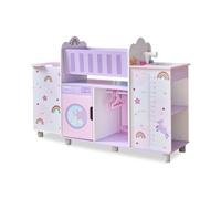 Olivia Little World - Muñeca 6 en 1 de madera con cuna, fregadero, silla alta, armario, lavadora y almacenamiento integrado