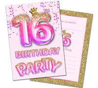 Olivia Samuel Paquete de 20 invitaciones de 16 cumpleaños con sobres, efecto de purpurina rosa y dorada, listas para escribir, diseñadas e impresas en el Reino Unido