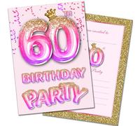 Olivia Samuel Paquete de 20 invitaciones de 60 cumpleaños con sobres, efecto rosa y dorado, listas para escribir, diseñadas e impresas en el Reino Unido