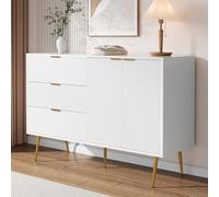 OLIVIBED Aparador con 2 puertas, cómoda con 3 cajones y espacio de almacenamiento, armario de salón con asas y patas doradas, aparador para salón dormitorio, blanco, 120 x 38 x 80,5 cm