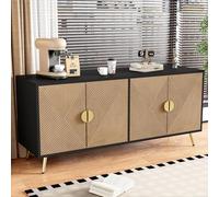 OLIVIBED Aparador de 160 cm para salón, cómoda con 4 puertas, aparador con asas doradas y patas de mesa, armario de salón para salón, comedor, 160 x 40 x 75 cm, color negro y grano de madera