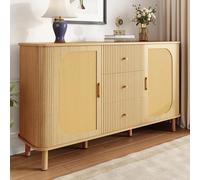 OLIVIBED Aparador de ratán con 3 cajones y 2 puertas, armario de cocina con asas y patas, tablero alto con espacio de almacenamiento, para pasillo, dormitorio y salón, color madera, 140 x 40 x 80 cm