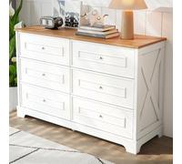 OLIVIBED Aparador moderno de 120 cm, con 6 cajones, armario de madera con asas y patas, cajonera de madera para dormitorio, pasillo, natural y blanco