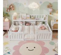 OLIVIBED Cama baja para niños 90x200 cm, cama Montessori con protección contra caídas y estantería, cama individual de madera con puerta para bebé, para niños y niñas, altura de entrada baja, Blanco