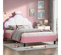 OLIVIBED Cama tapizada de 140 x 190 cm para niñas, cama infantil con cabecero ajustable y somier, cama de princesa, cama doble para niños, adolescentes, sin colchón, rosa