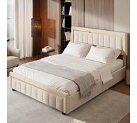 OLIVIBED Cama tapizada de 160 x 200 cm, estructura de cama hidráulica con cabecero y somier de láminas de madera, cama de almacenamiento con cajón, cama juvenil para adultos, terciopelo, blanco crema