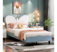 OLIVIBED Cama tapizada para niños, 90 x 190 cm, cama de princesa con somier y cabecero ajustable en forma de mariposa, cama individual para niñas, sin colchón, franela, azul
