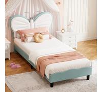 OLIVIBED Cama tapizada para niños, 90 x 200 cm, cama individual con somier y cabecero ajustable en forma de mariposa, cama de princesa, cama individual para niñas, sin colchón, franela, blanco y azul